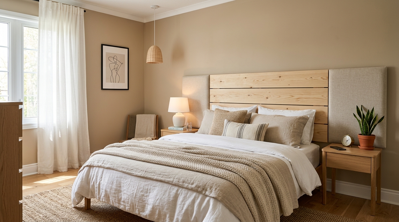 DIY headboard in a modern bedroom as a cheap home decor idea on a budget