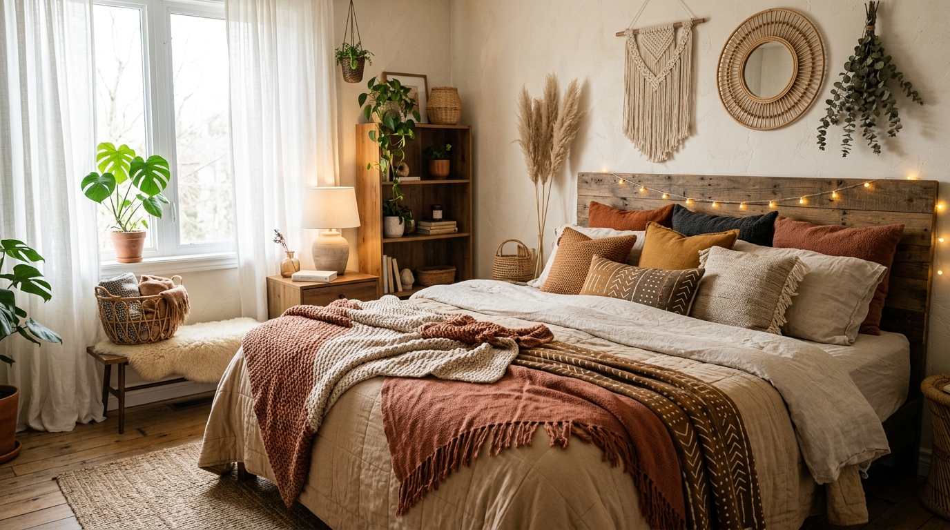 Boho home decor ideas featuring layered bedding and earthy tones in a cozy bedroom