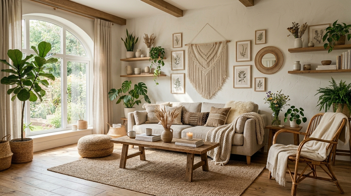 Boho home decor ideas featuring warm cozy lighting with fairy lights and lamps in a bedroom