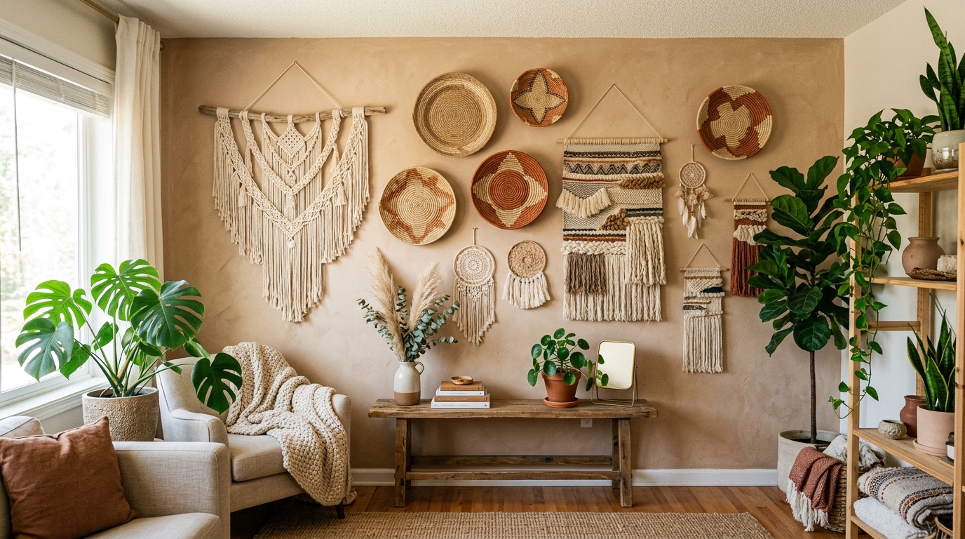 Boho home decor ideas featuring woven wall hangings and macramé decor in a cozy neutral room