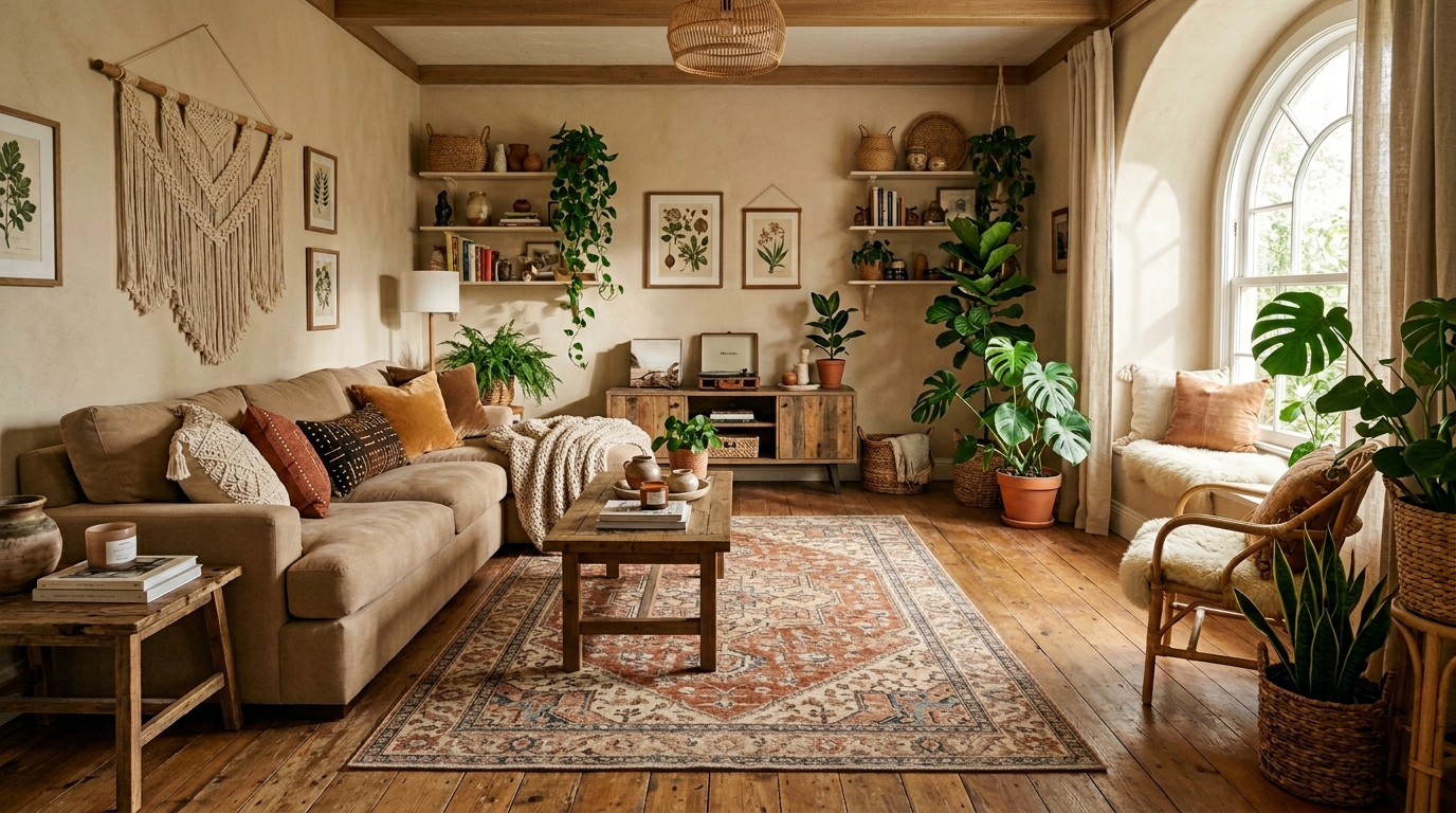 Boho home decor ideas featuring a cozy woven rug in a warm bohemian living room