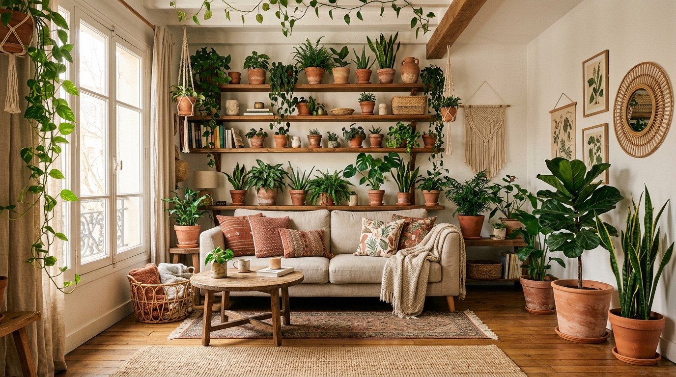 Boho home decor ideas featuring indoor plants in terracotta pots with natural sunlight