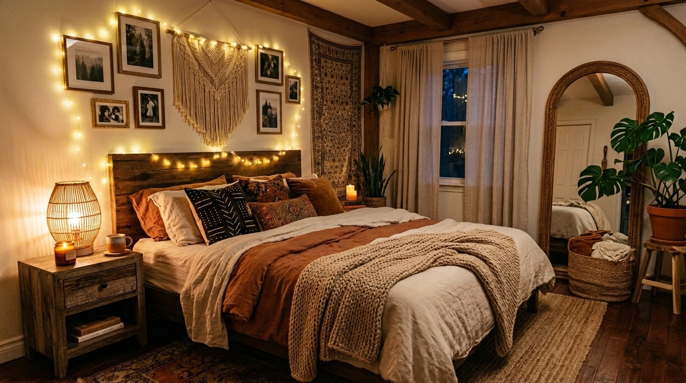 Boho home decor ideas featuring cozy warm lighting with fairy lights and lamps in a relaxing bedroom