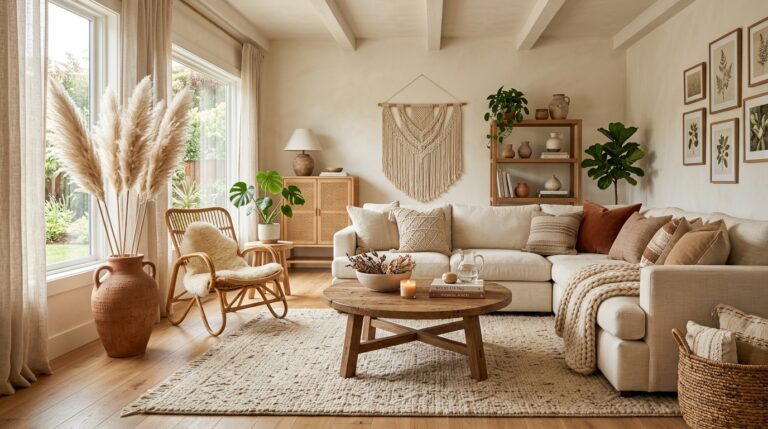 Boho home decor ideas featuring a cozy modern living room with neutral tones, rattan furniture, layered textures, and warm natural lighting