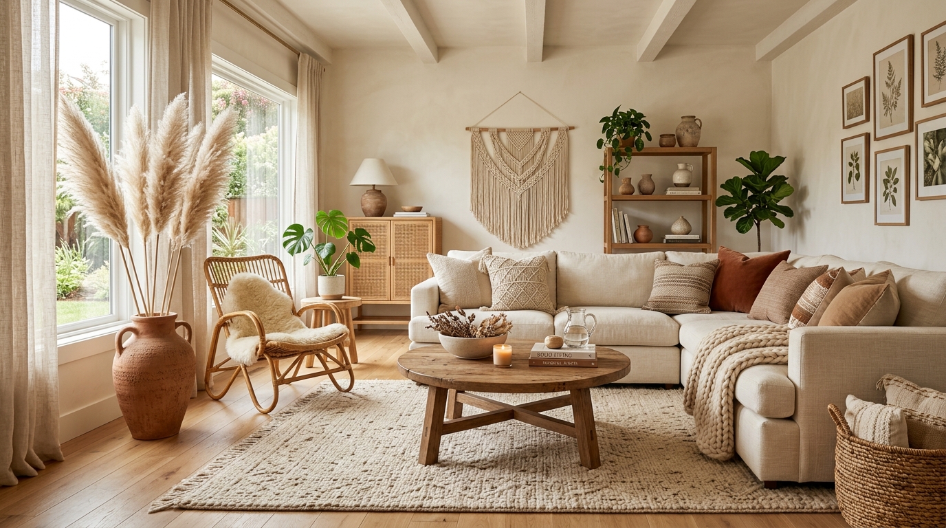 Boho home decor ideas featuring a cozy modern living room with neutral tones, rattan furniture, layered textures, and warm natural lighting
