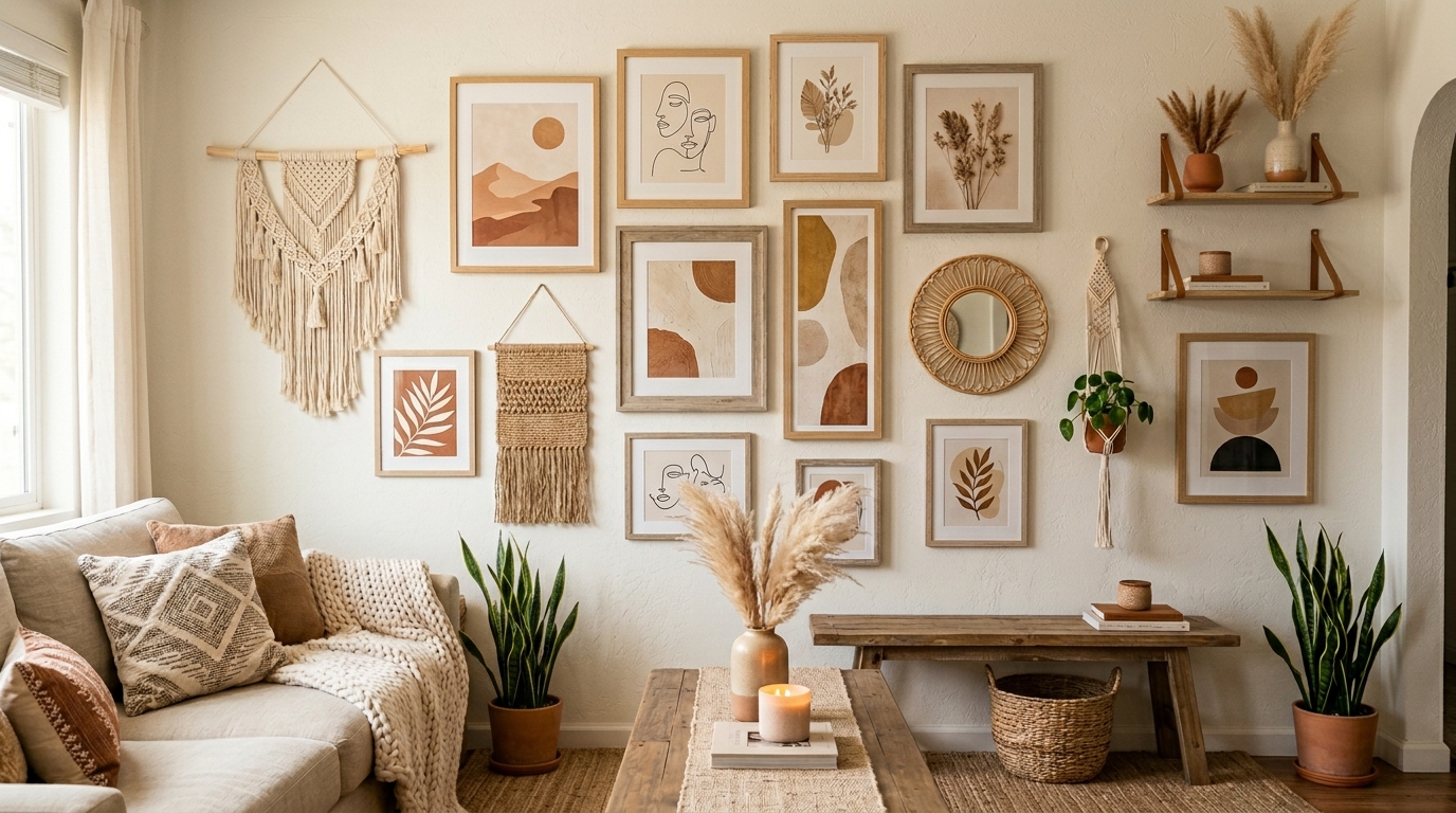 A boho wall art gallery with framed prints and woven textures in a cozy living room