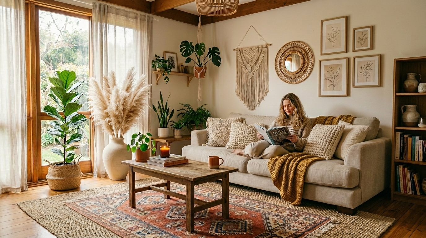 Pampas grass decor styled in neutral ceramic vases inside a cozy boho living room