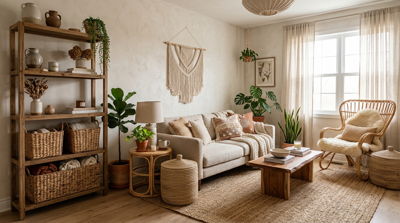 wicker storage baskets used for stylish organization in a cozy living room