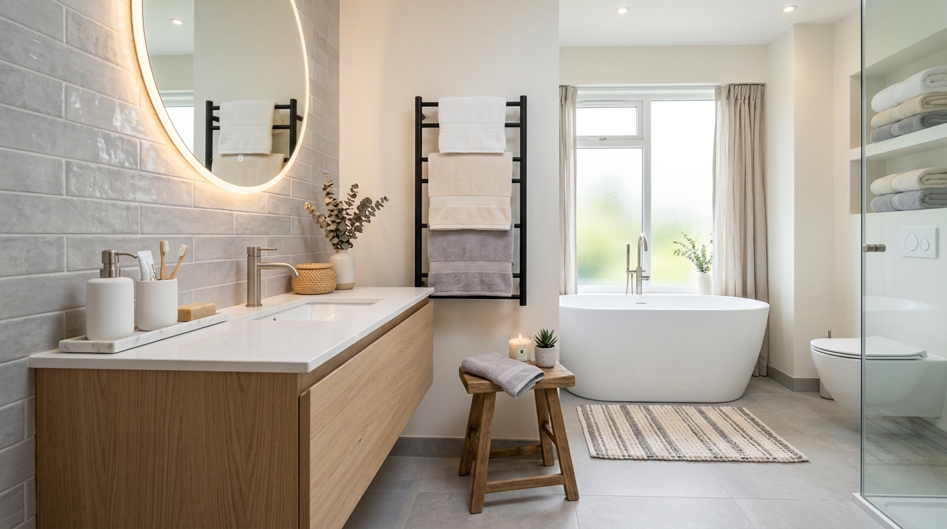 Coordinated bathroom towels and accessories in neutral colors