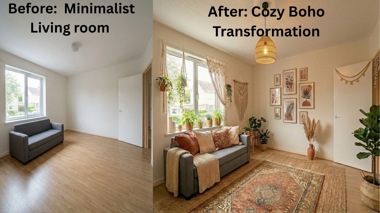 Boho home decor ideas showing before and after transformation of a living room with layered throw pillows and cozy styling
