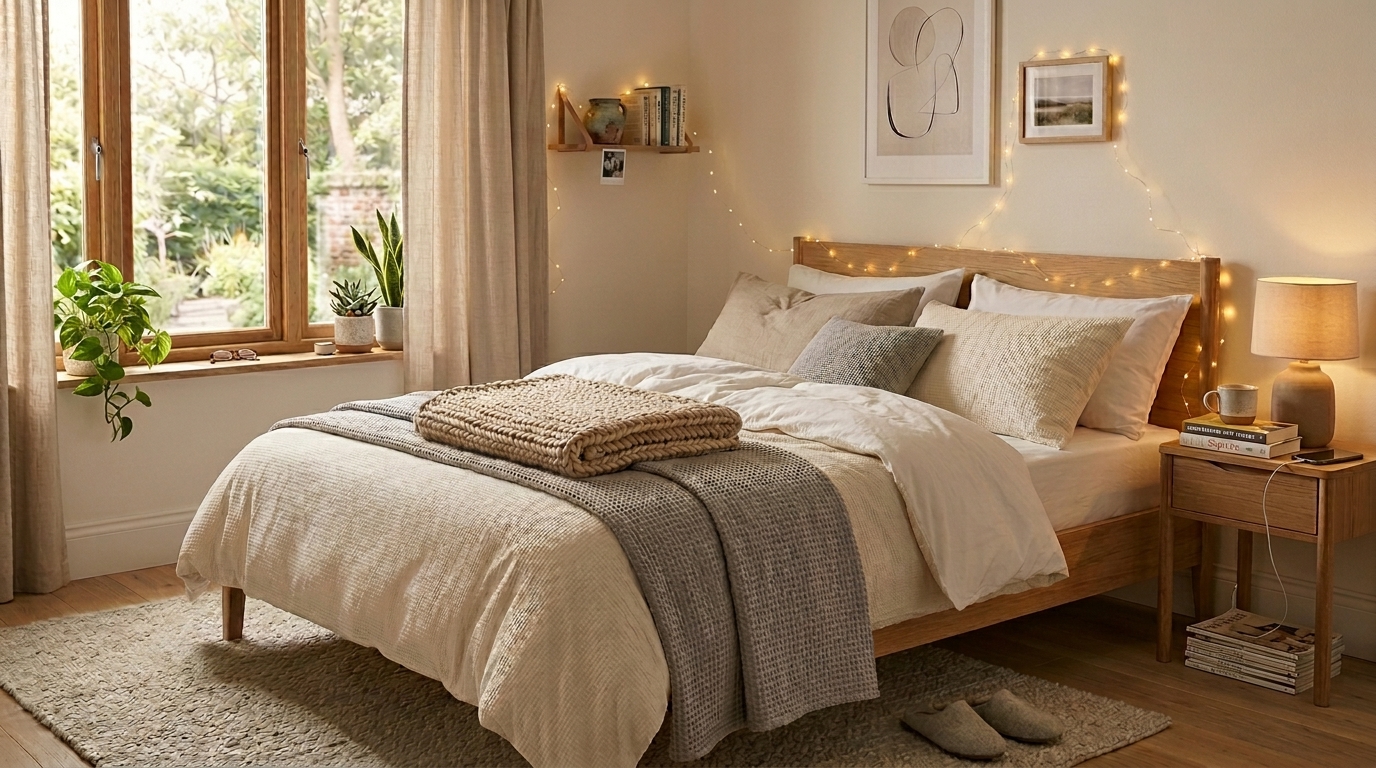 Soft string lights decorating a cozy bedroom as a cheap home decor idea on a budget