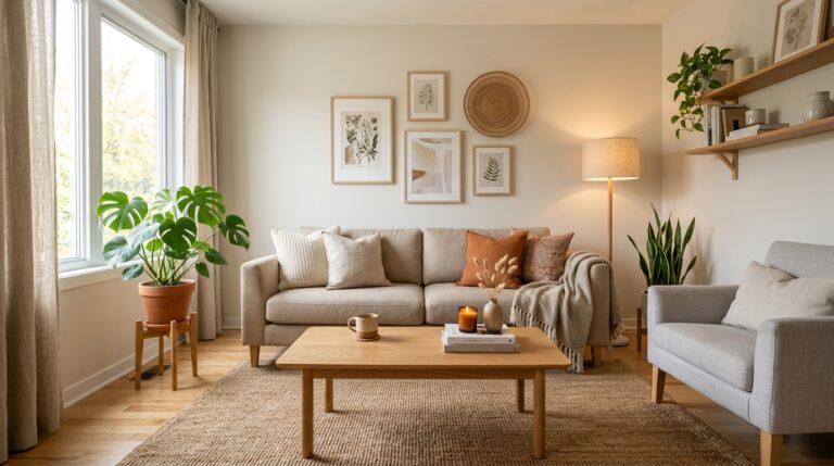 Cozy minimalist living room with warm neutral decor and natural lighting