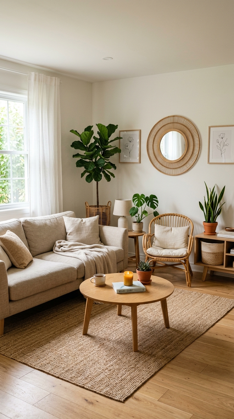 Simple living room with natural plants and wood elements