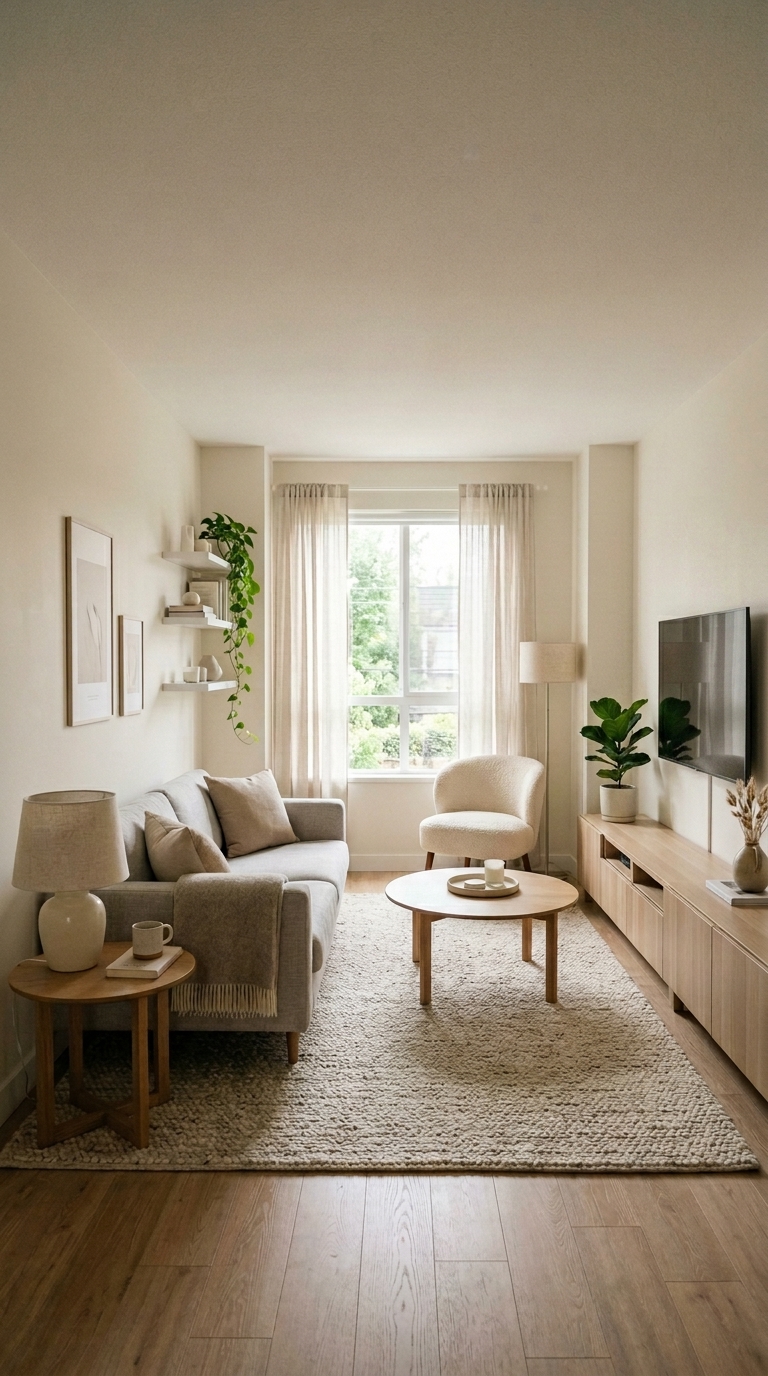 Organized cozy minimalist living room with clean surfaces and hidden storage