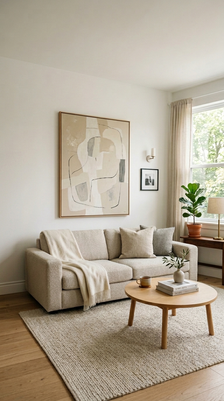minimalist living room with simple wall art and uncluttered decor
