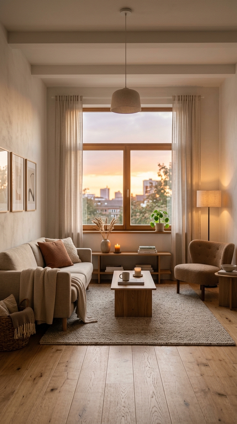 Simple living room with soft lighting and a peaceful sunset glow