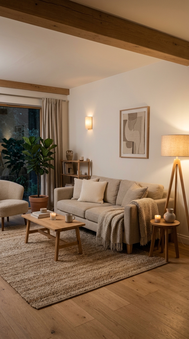 Warm ambient lighting in a cozy minimalist living room with soft neutral decor