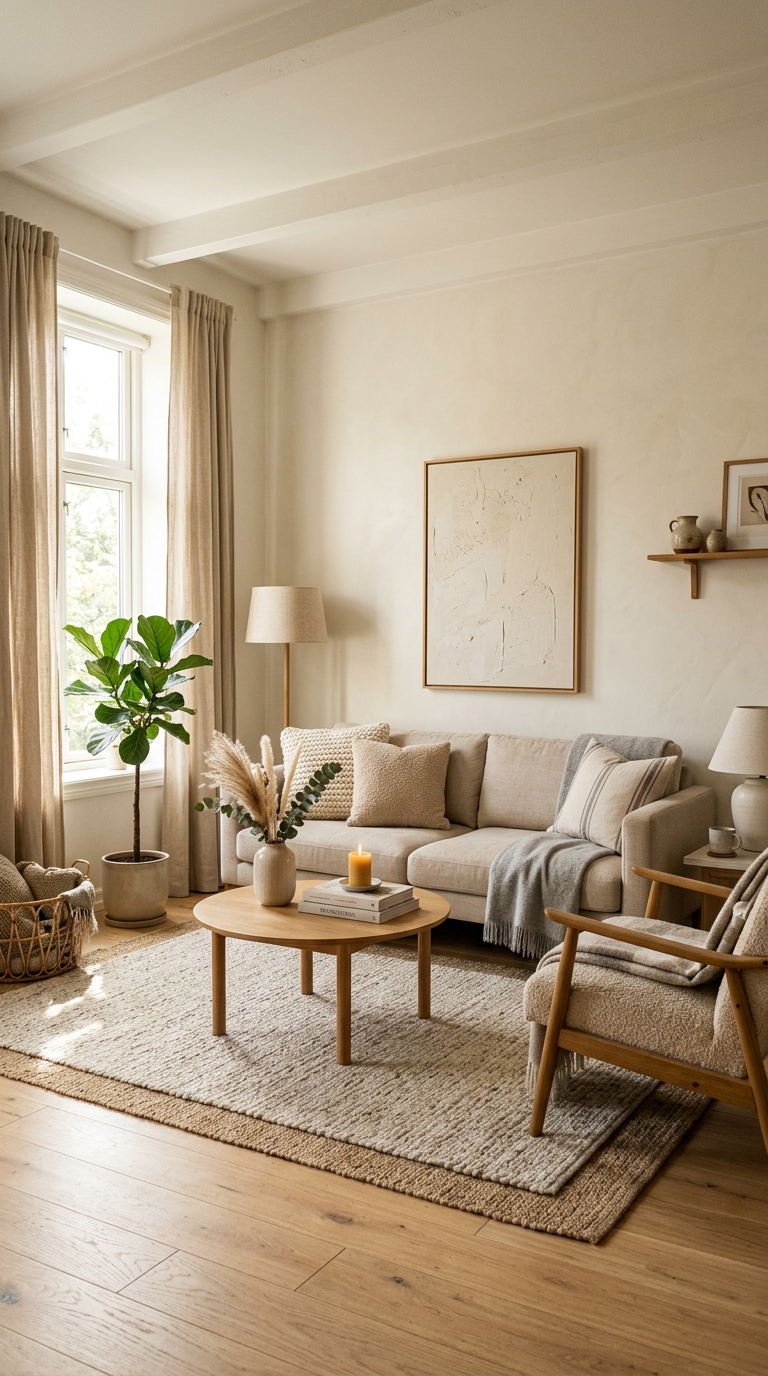 living room with soft curtains and layered textiles