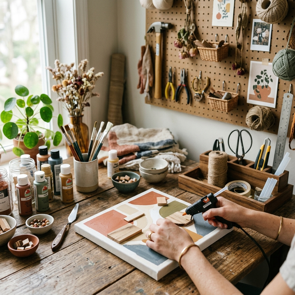 Person creating a DIY home decor project at a craft workspace with tools and decorative materials