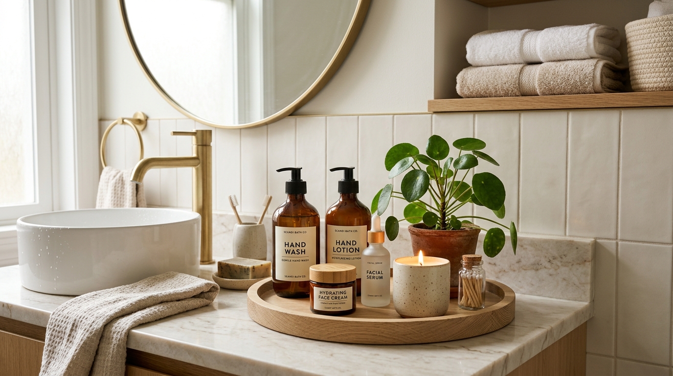 Bathroom countertop styled with a decorative tray