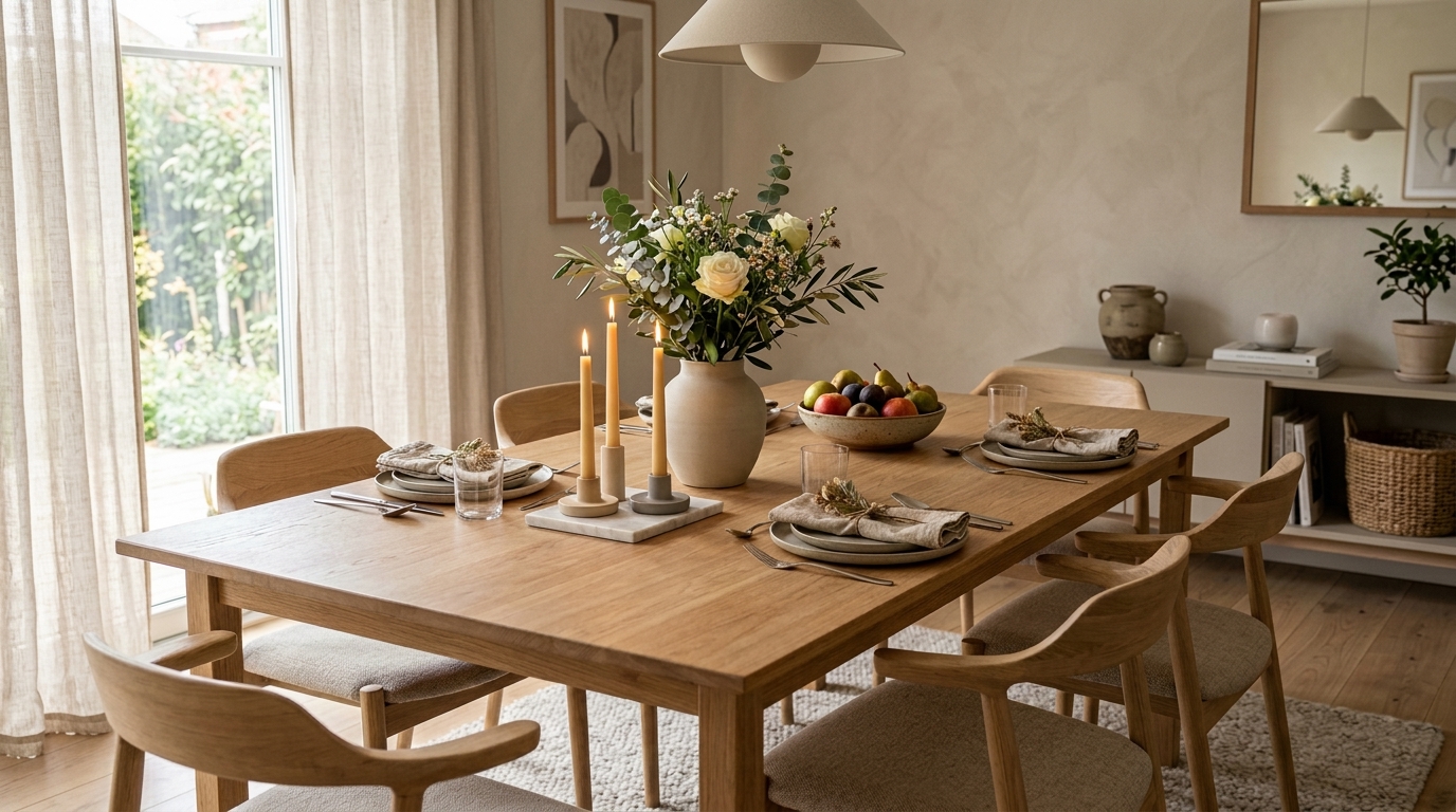 Simple dining table centerpiece with candles and flowers