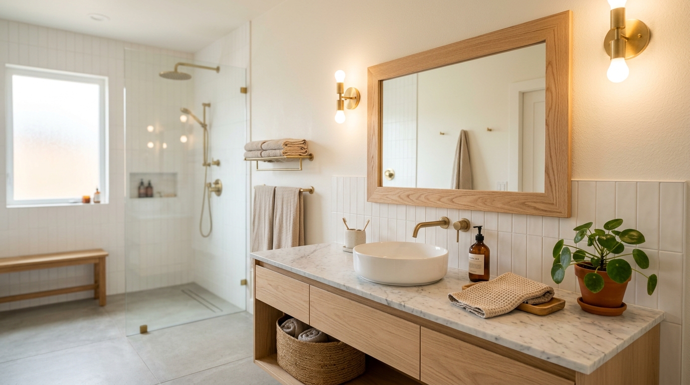 Framed bathroom mirror with modern wood trim