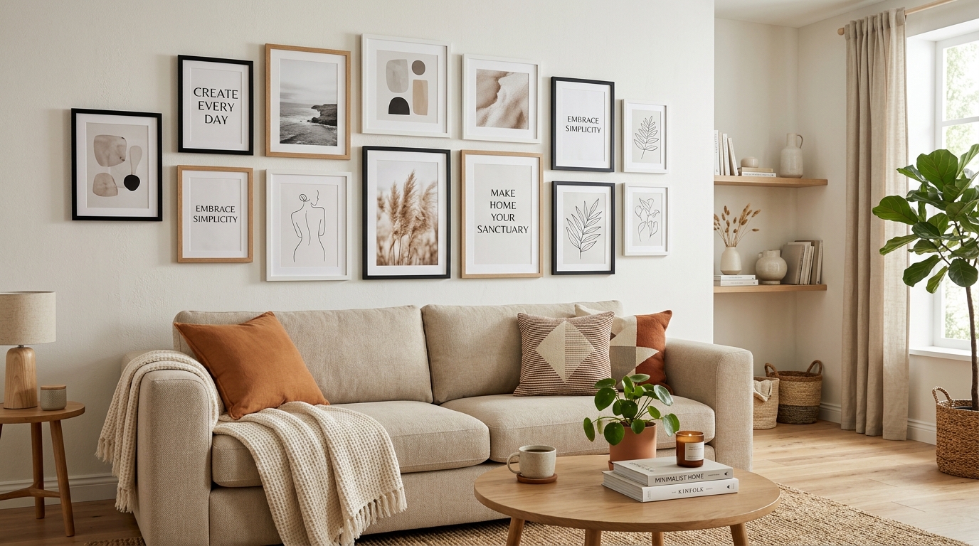 Modern gallery wall with printable artwork and frames