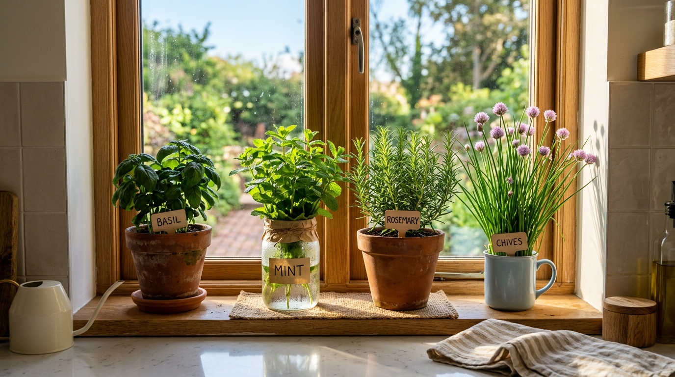 Small herb garden on a sunny kitchen windowsill