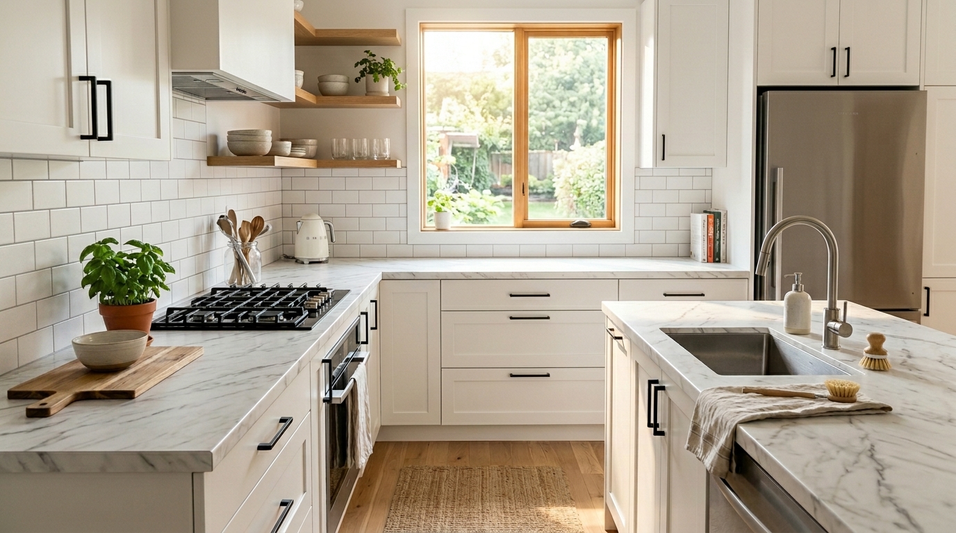 Marble contact paper applied to kitchen countertop