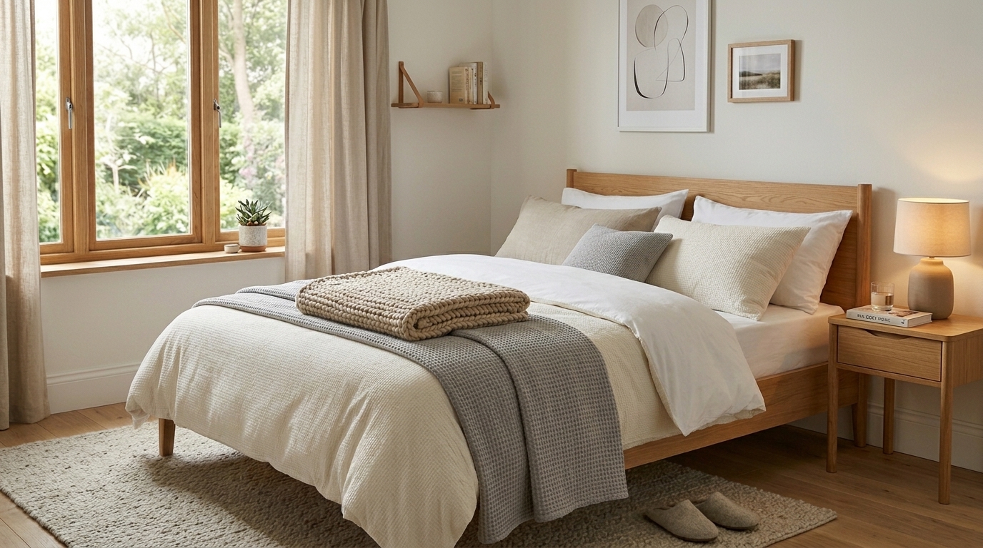 Affordable layered bedding in a cozy modern bedroom as a cheap home decor idea on a budget