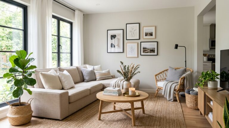 Elegant affordable living room with neutral decor and cozy styling