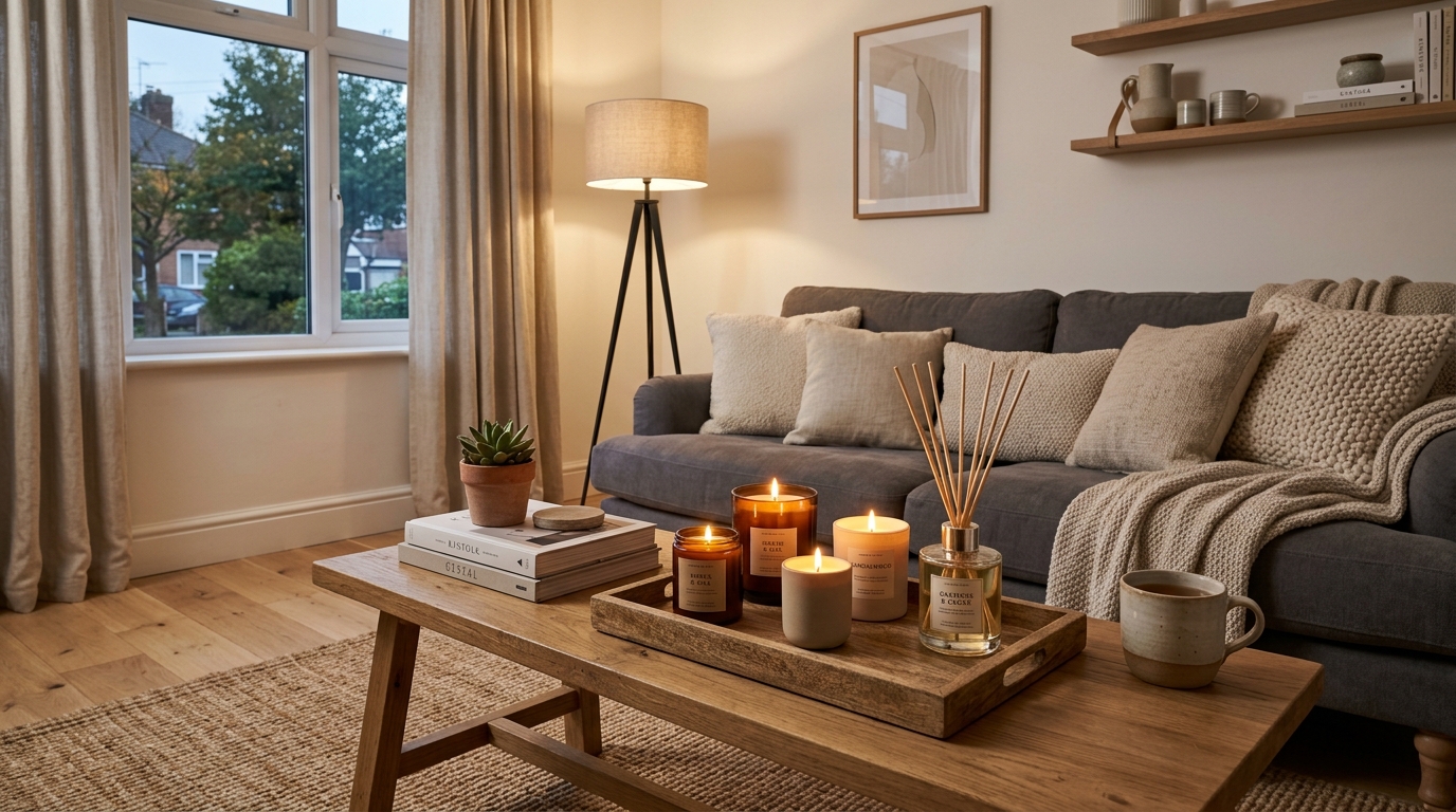Scented candles and reed diffusers styled on a tray