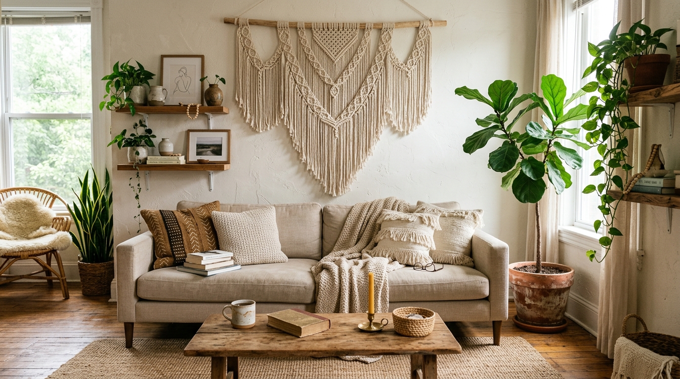 Boho home decor ideas featuring macramé wall hanging in a cozy bohemian interior