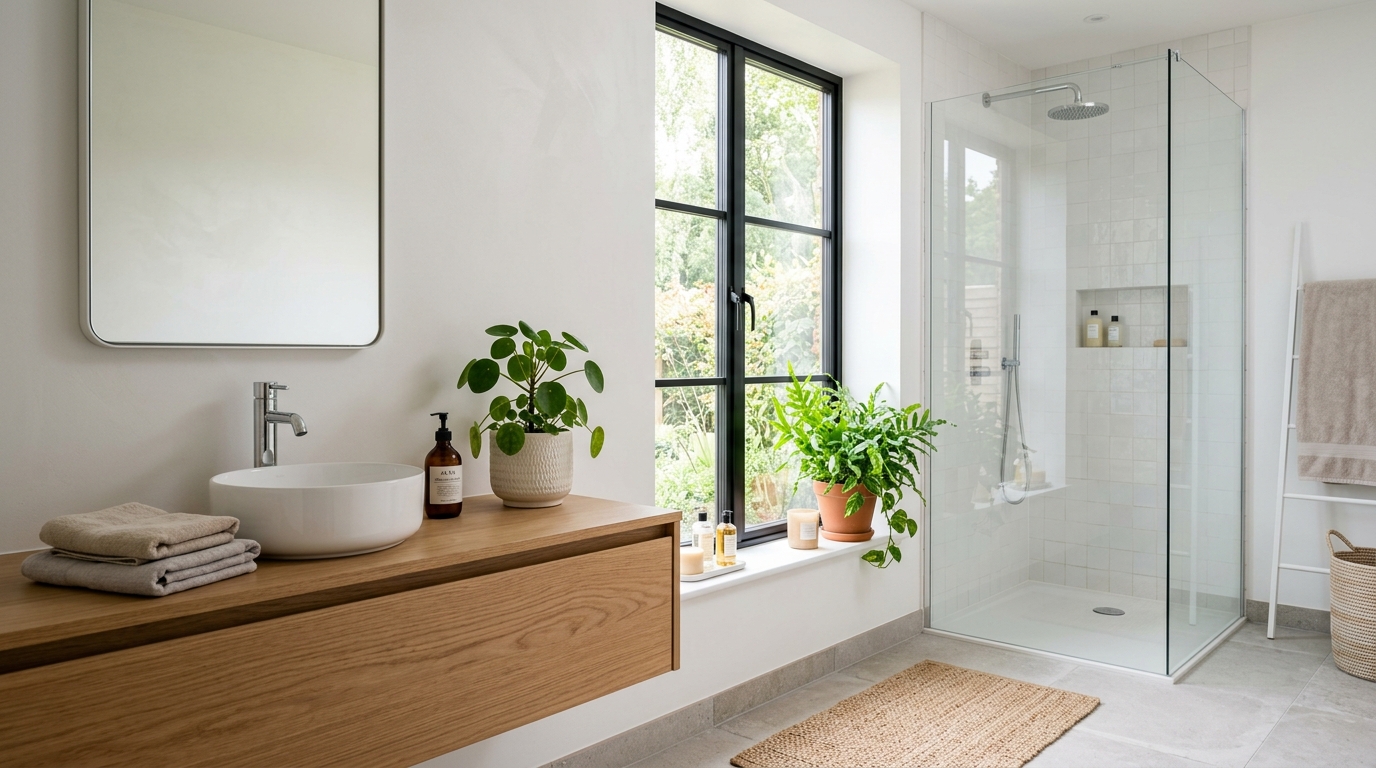 Small green bathroom plant beside a mirror