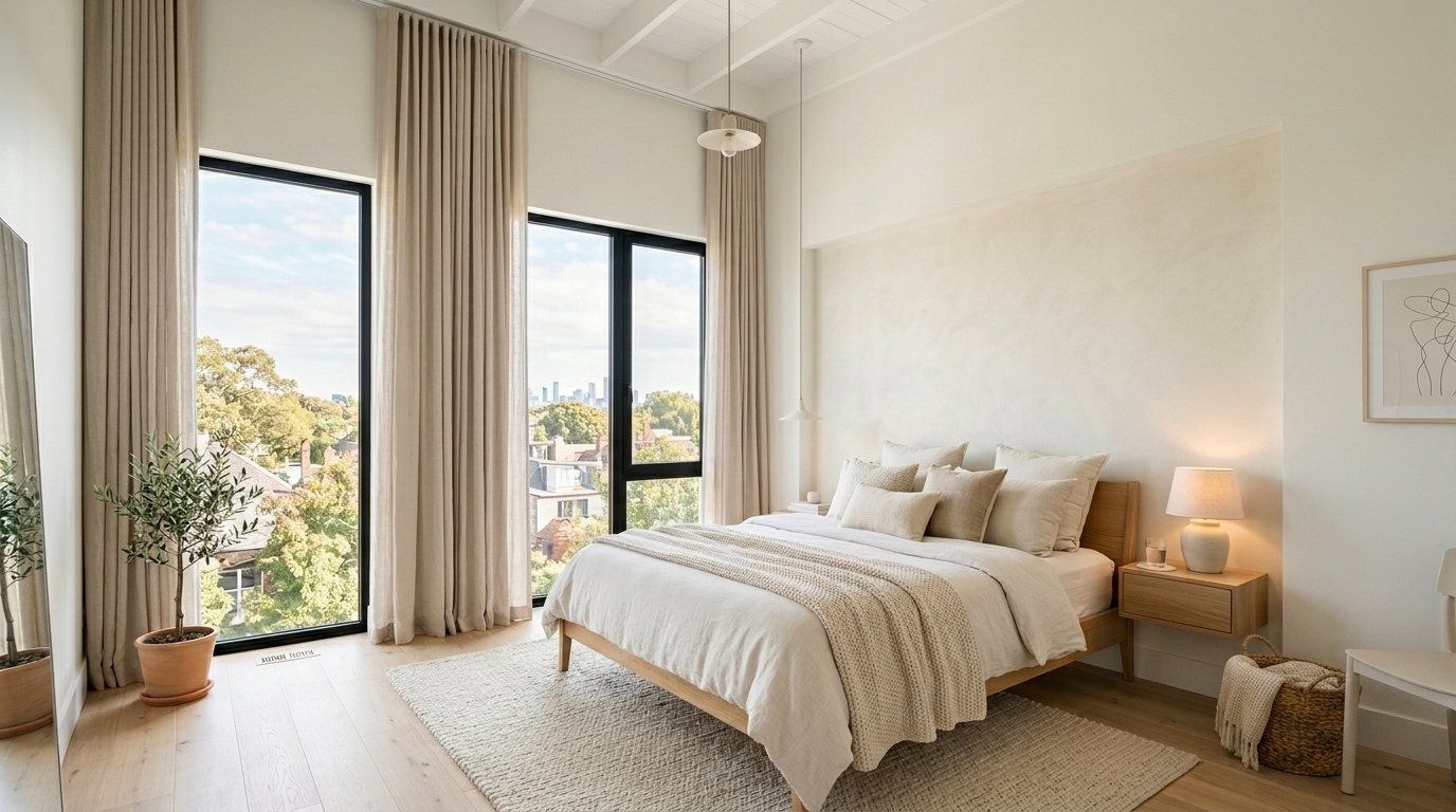 Floor-length curtains making a bedroom look taller