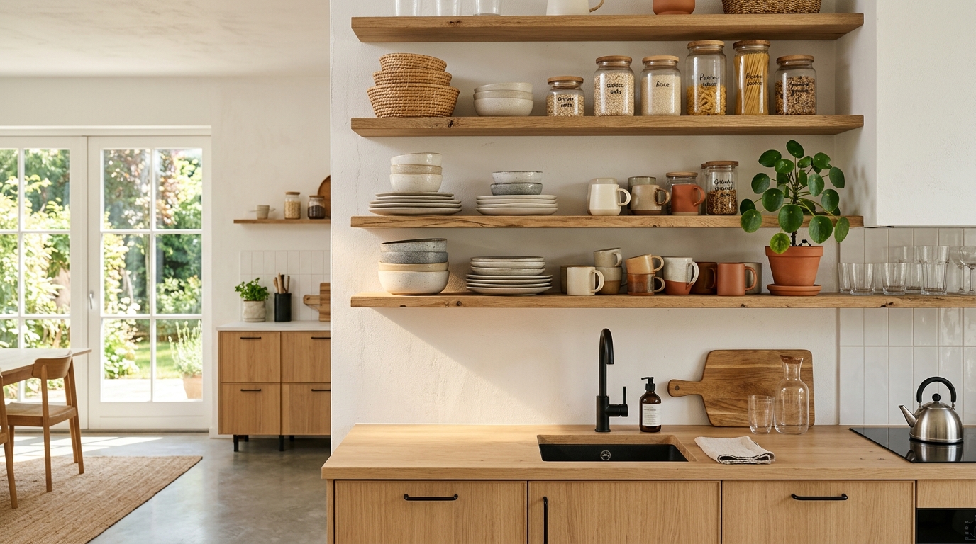 Open kitchen shelves styled with jars and dishes