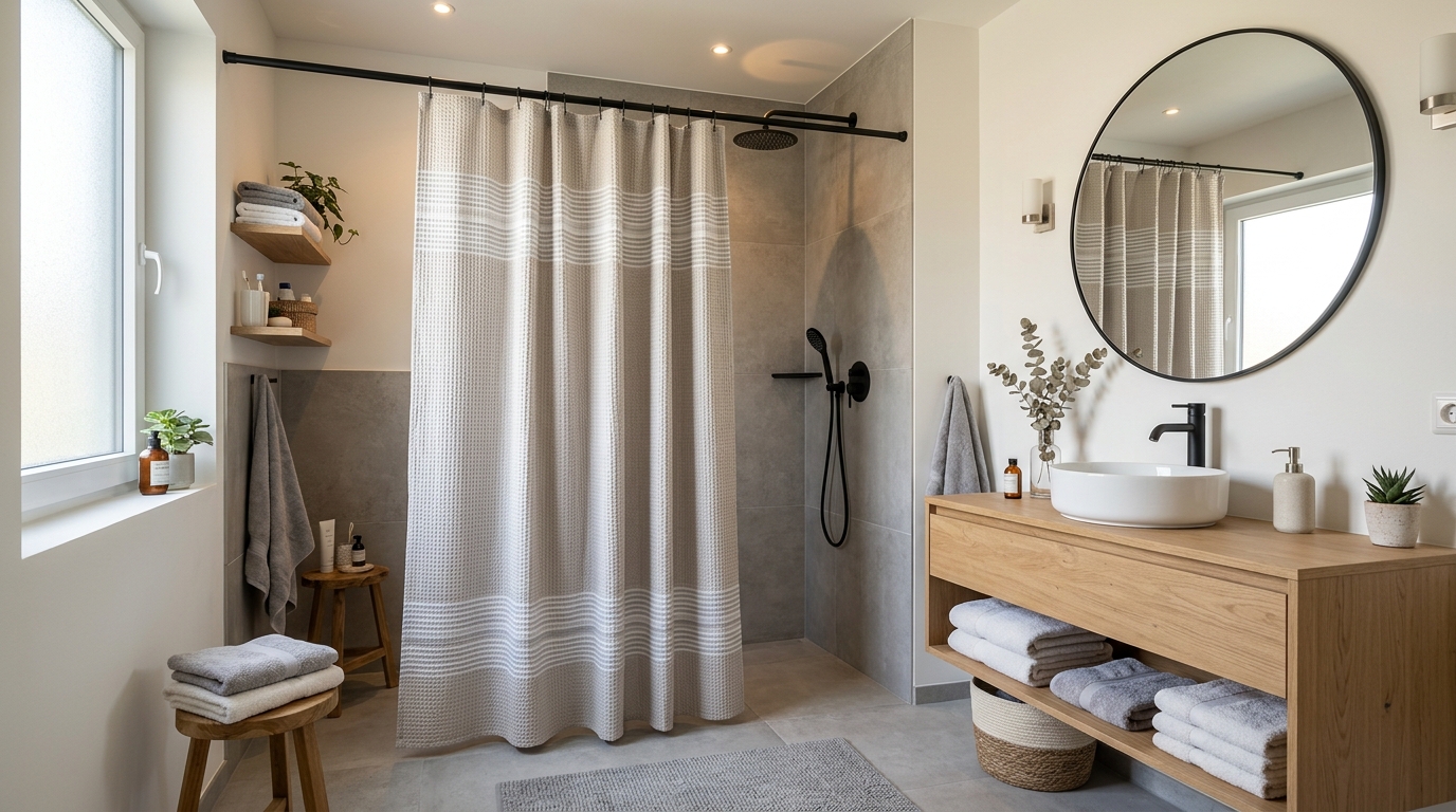 Elegant neutral shower curtain in a modern bathroom