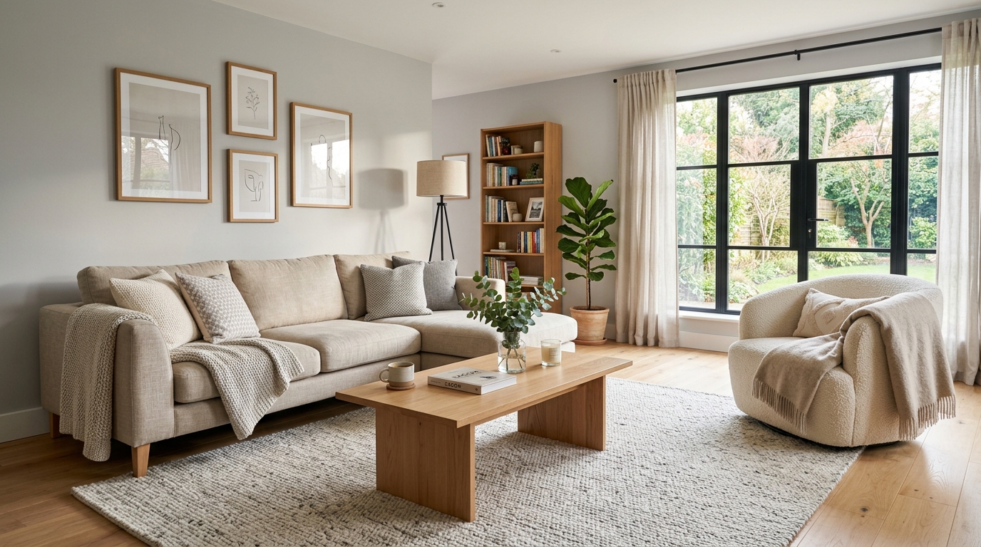 Modern living room with furniture rearranged for better space and flow as a cheap home decor idea on a budget