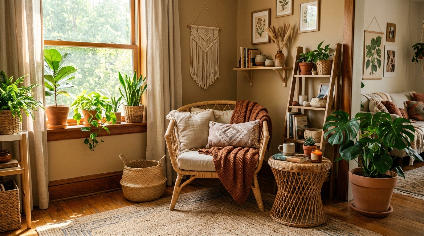 Boho home decor ideas featuring rattan chair and wicker furniture in a warm bohemian corner