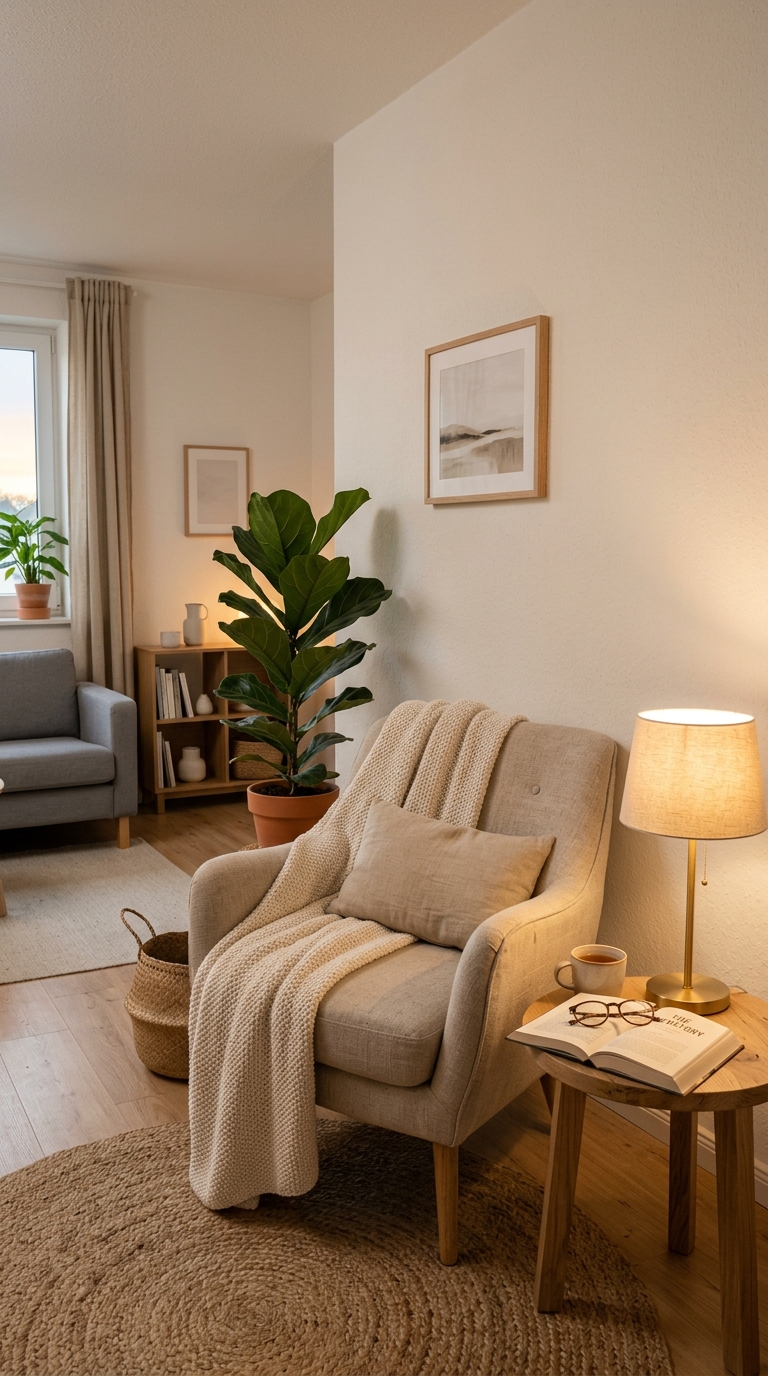 Cozy reading corner with a chair, blanket, and warm lighting in a minimalist living room