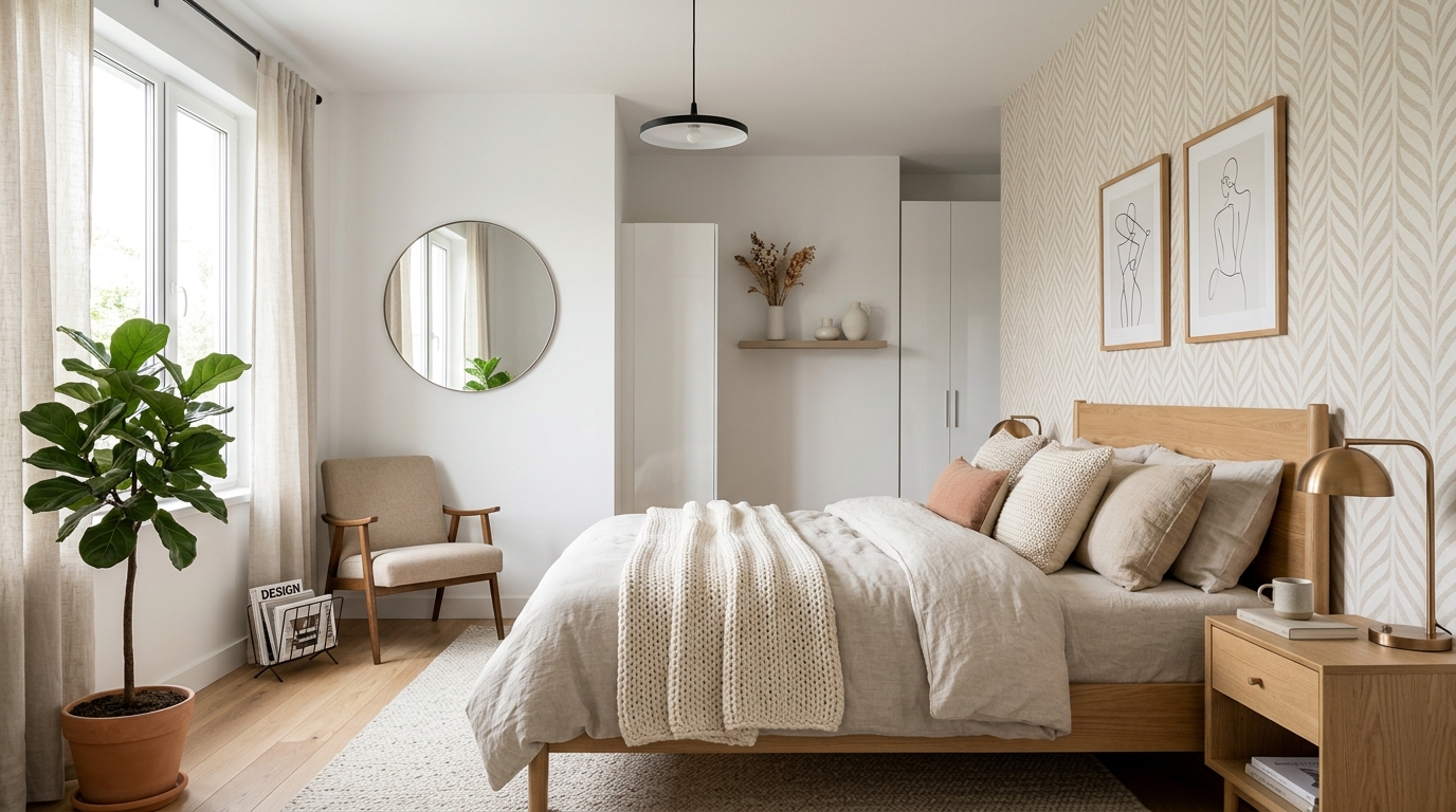 Removable wallpaper accent wall in a cozy room