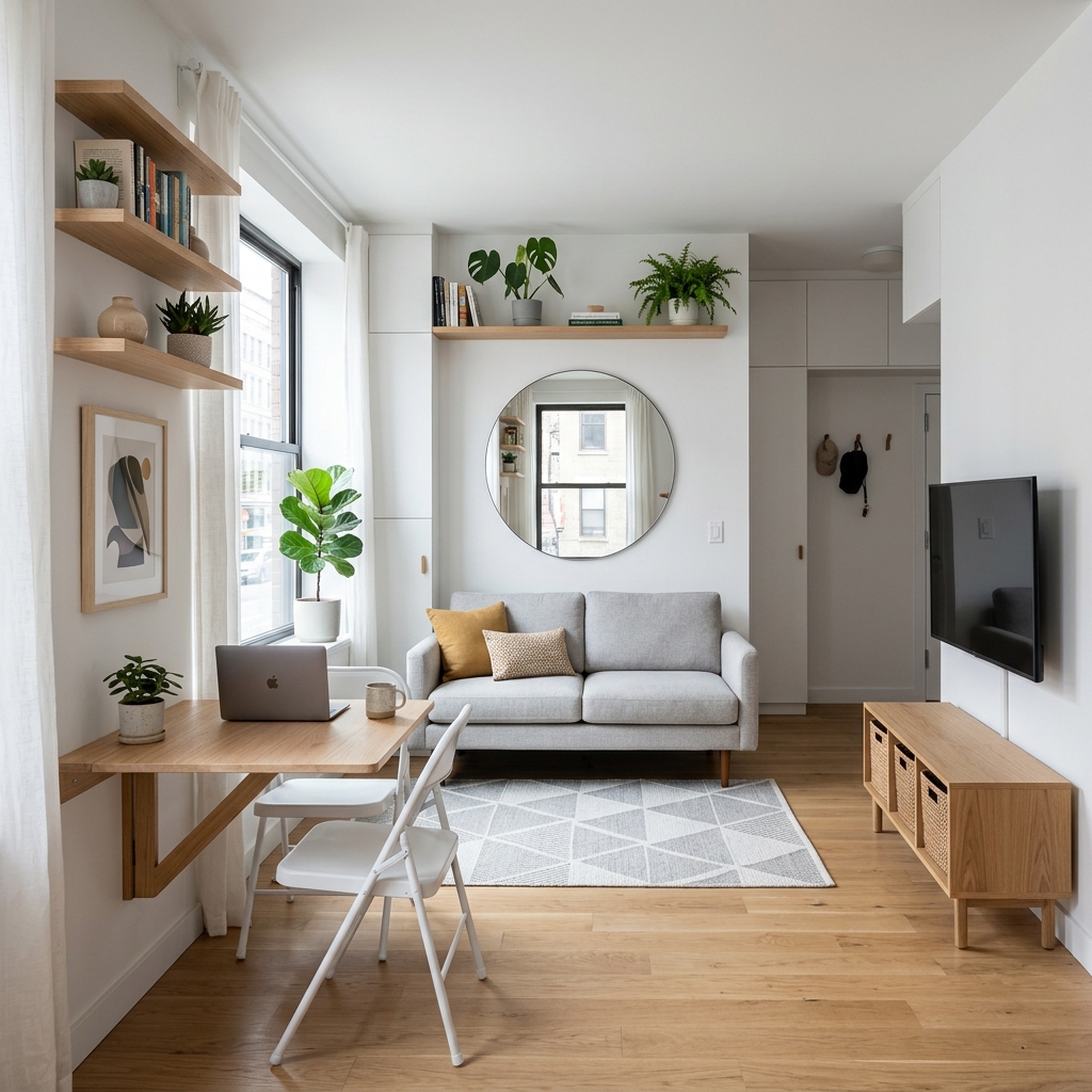 Beautiful small space living apartment with modern furniture, natural light, and minimalist decor