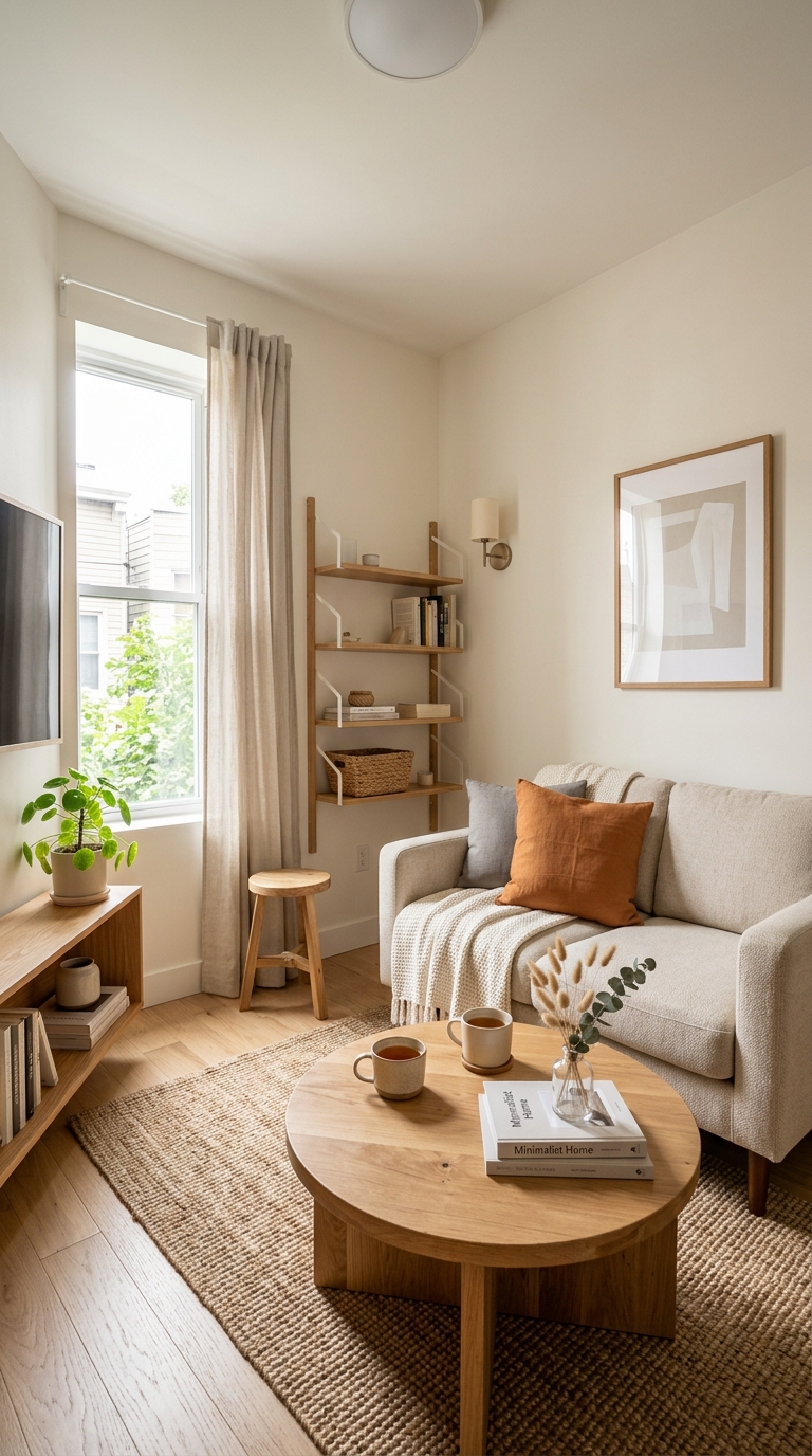 Smart furniture arrangement in a cozy minimalist small living room