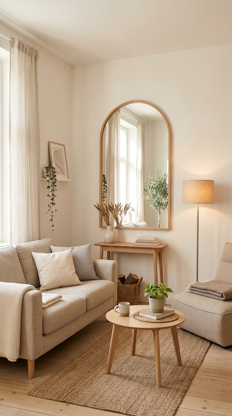 living room with mirrors and warm lighting creating a spacious feel