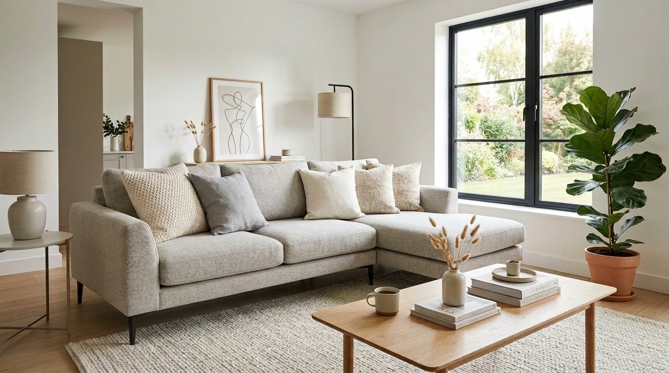 Neutral throw pillows on a modern sofa in a cozy living room as cheap home decor on a budget