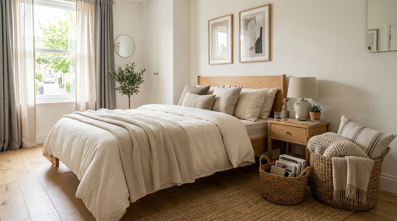 Decorative storage baskets in a modern bedroom as a cheap home decor idea on a budget
