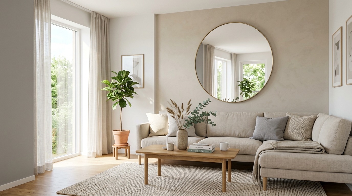Large wall mirror in a modern living room reflecting natural light as cheap home decor on a budget