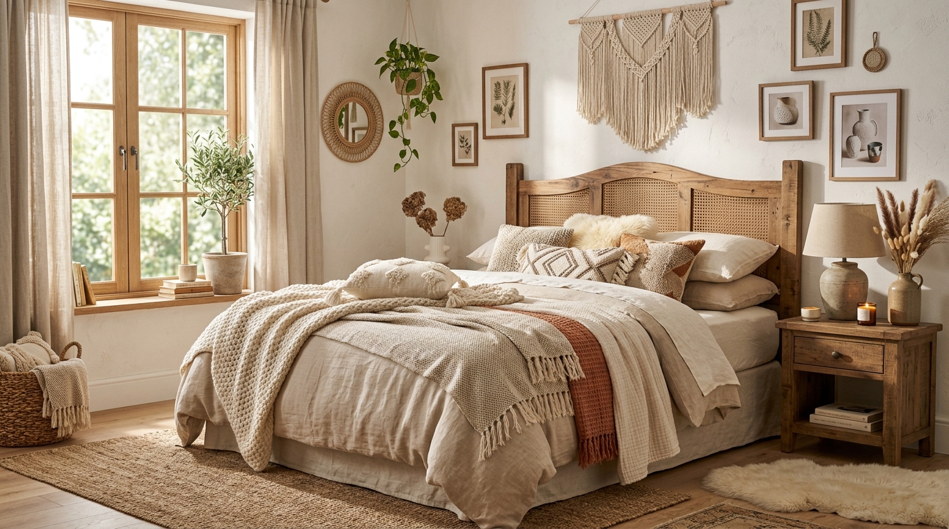 boho bedroom with stylish headboard bedding