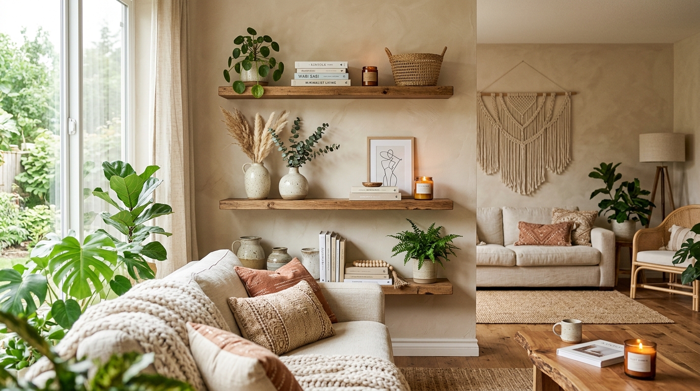 Wooden floating shelves styled with candles, books, and natural decor in a cozy boho living room
