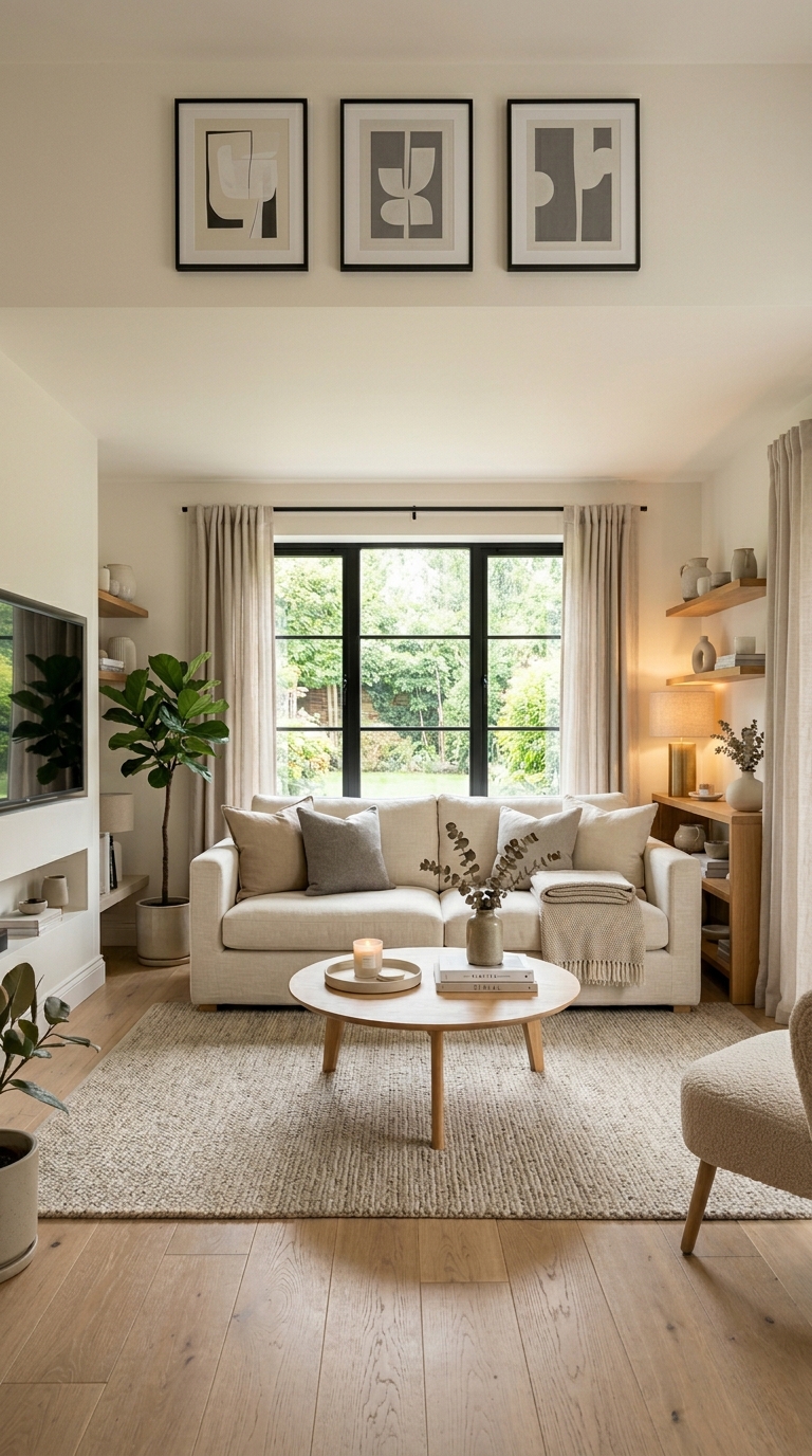 Simple living room with well-arranged furniture and tidy, balanced decor